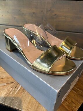 Nicoletta Gold Metallic Block Heel Slide Sandal with Clear Strap